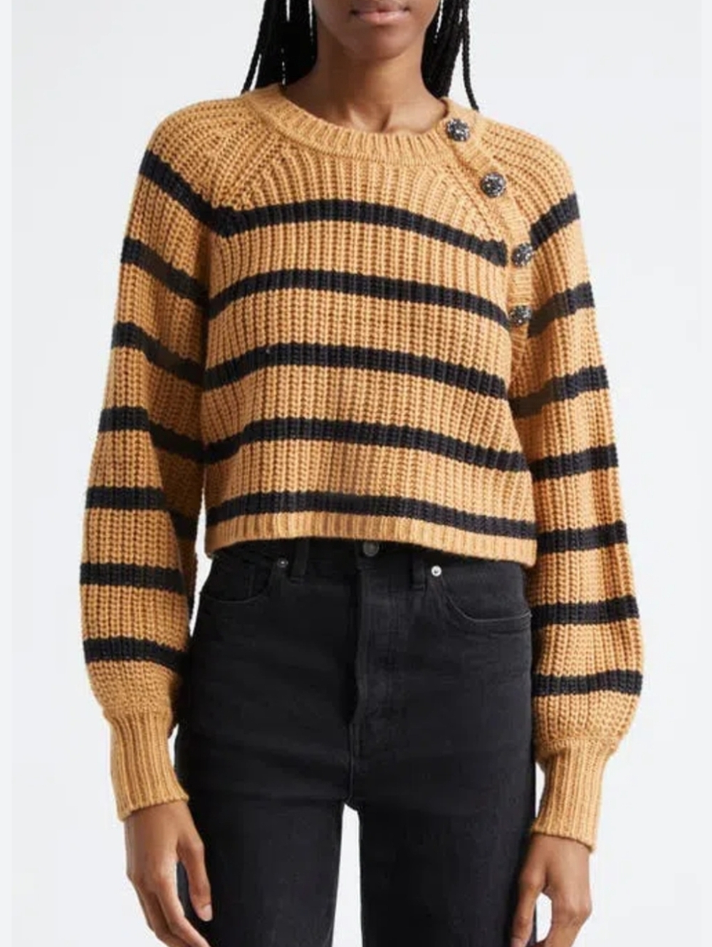 CINQ À SEPT Stripe Shaker Stitch Crop Sweater In Camel/black - Size Medium